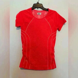 Athleta Finish Fast Line Tee Womens Size Large Pink Neon/Orange Short Sleeve